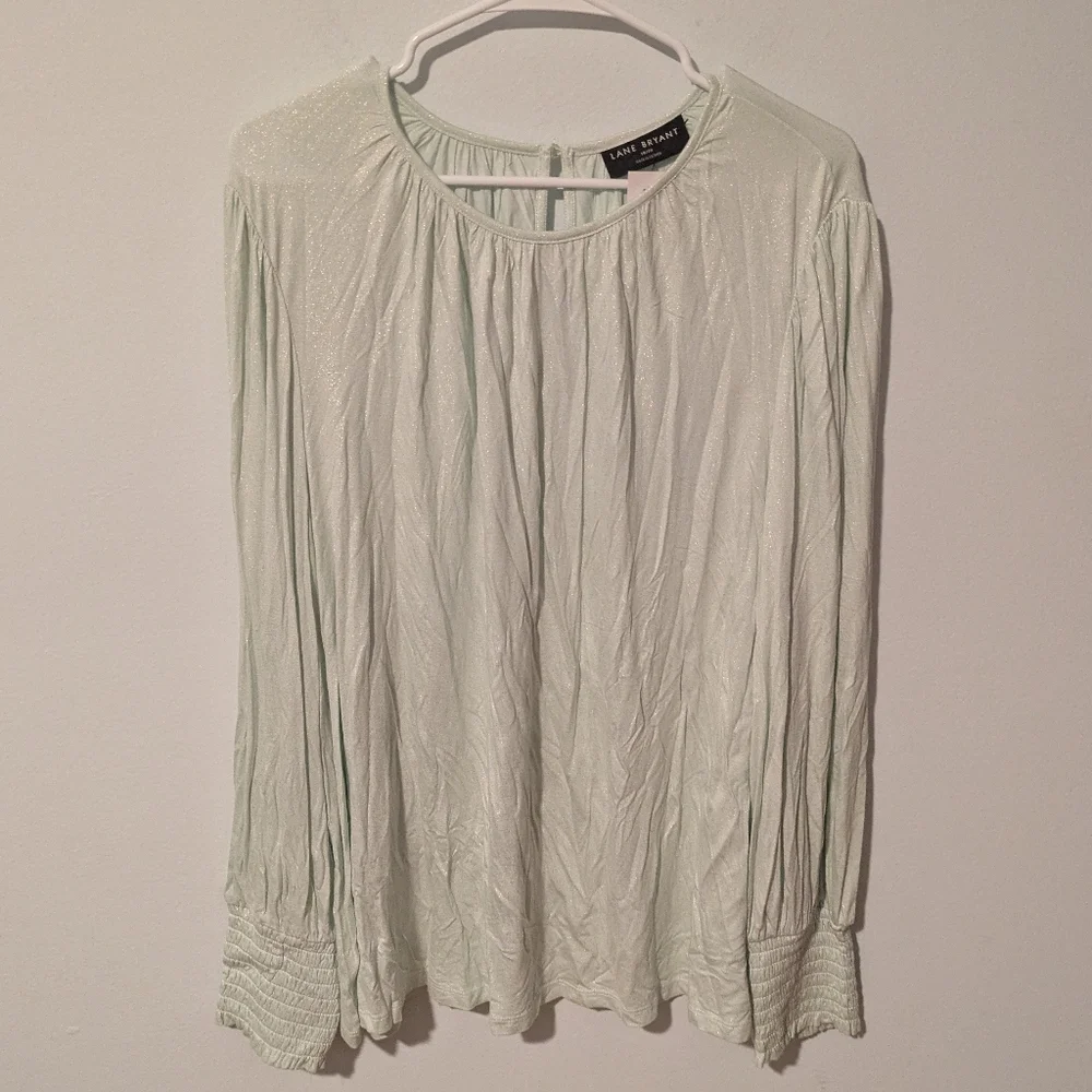 Lane Bryant Pale Green Sparkle Long Sleeve Smocked Cuff Top Size 18/20 or 2X